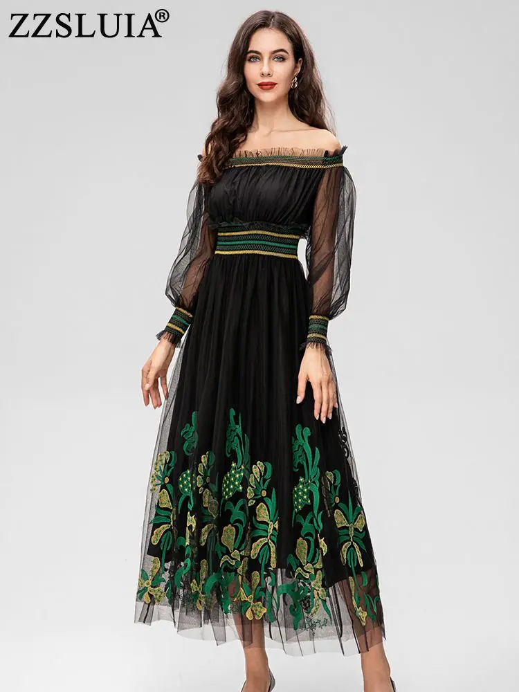 

ZZSLUIA Prom Dresses For Women Slash Neck Embroidery Patchwork Designer Slim Long Dress Fashion Lantern Sleeve Party Mesh Dress