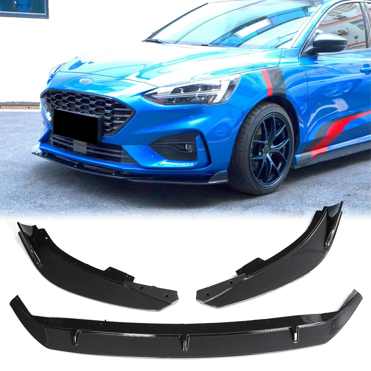 3PCS Front Bumper Lip Side Spoiler Splitter Diffuser Body Kit Guard For Ford Focus ST Line 2019-2021 Black Carbon Fiber Look