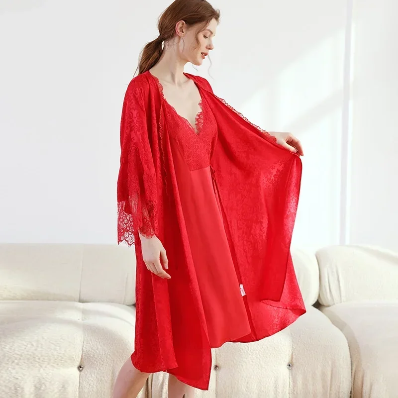 Jacquard Lace Trim Silk Robe with Sexy Nightgown 2pcs Sleepwear Set Luxury 100% Mulberry Silk Kimono Bathrobe and Nightdress PJs