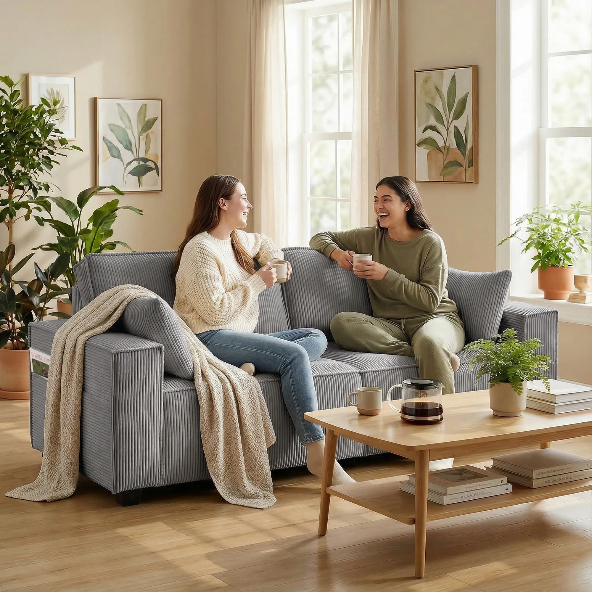 HOMCOM 3-Sitzer Sofa, 217 cm Couch mit Breiten Armlehnen, 2 Kissen, Bequemes Loungesofa mit Cord-Optik, Gepolstertes Polstersofa für Wohnzimmer, Schlafzimmer, Hellgrau