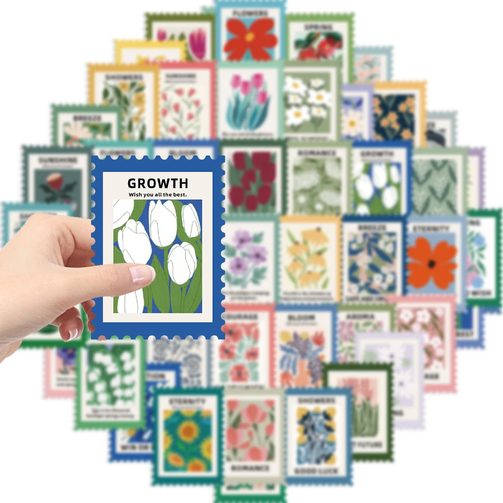 50PCS 빈티지 꽃 우표 스티커 PVC 미적 장식 Scrapbooking 편지지 손 회계 학교 용품 아이를위한