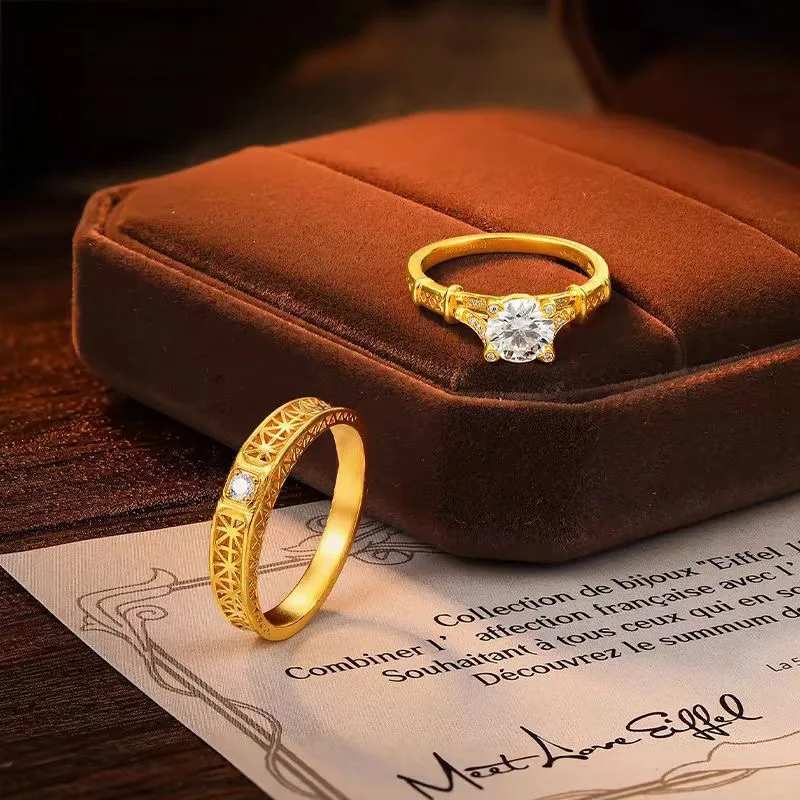 9999 genuine gold 24K pure gold high-end Eiffel Tower couple ring gold ring adjustable men's and women's gold jewelry ring