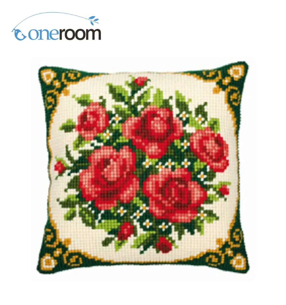 

Red Flowers DIY Needlework Kit Unfinished Acrylic Yarn Embroidery Pillow Tapestry Canvas Cushion Front Cross Stitch