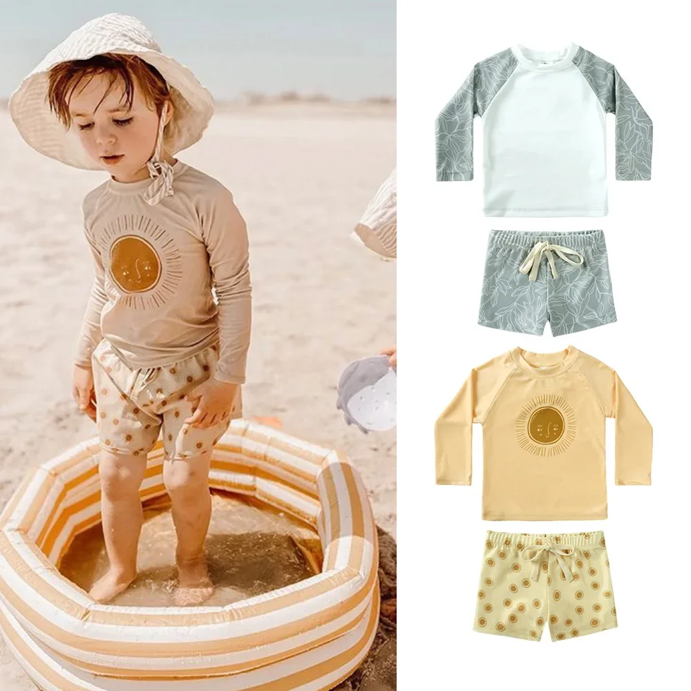 

Summer Children's Two-piece Swimsuit Boys Long Sleeve Sunscreen Quick-Dry Cartoon Print Vacation Swimwear Baby Bathing Costume