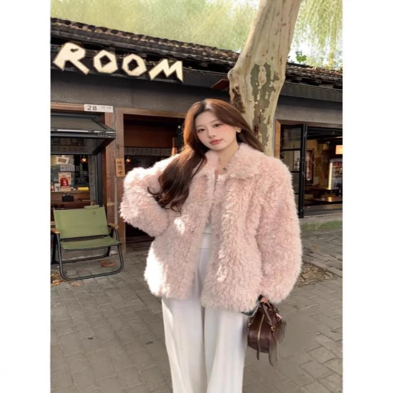 Roupa diária ao ar livre 2025 nova pele do falso lã de cordeiro outono inverno casaco feminino estilo coreano lapela grosso quente fofo solto design topos