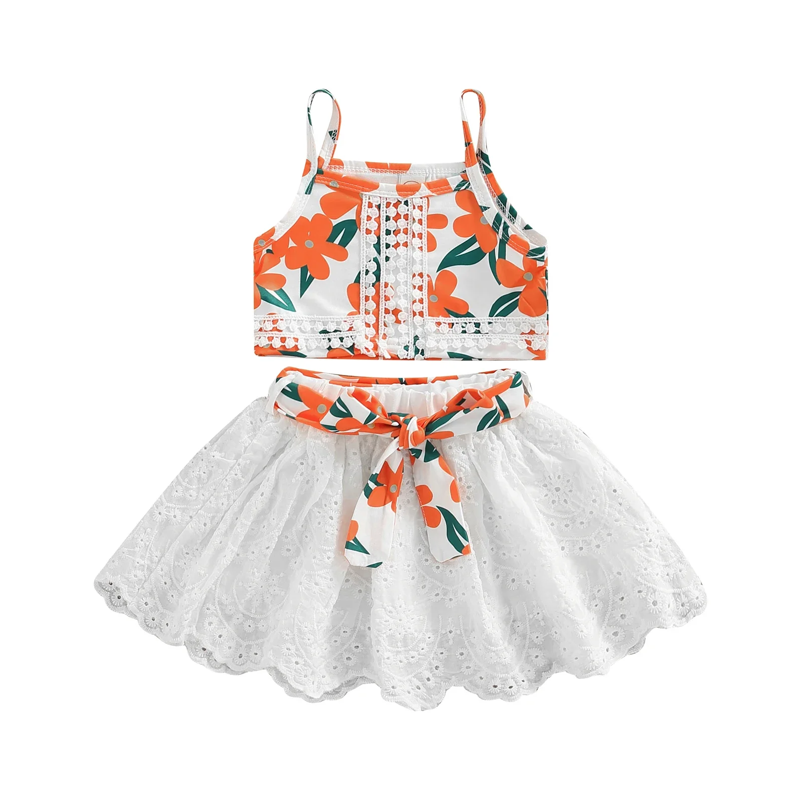 2 Pcs Infant Skirt Set Baby Girls Floral Print Spaghetti Strap Patchwork Camisole + Hollow-out Solid Color Skirt with Belt 9M-4T