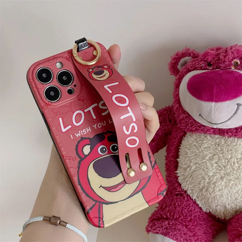 Cute Disney Toy Story Lotso Wrist Strap Phone Cases For iPhone 15 14 13 12 11 Pro Max Luxury Anti-drop Soft Silicone Back Cover