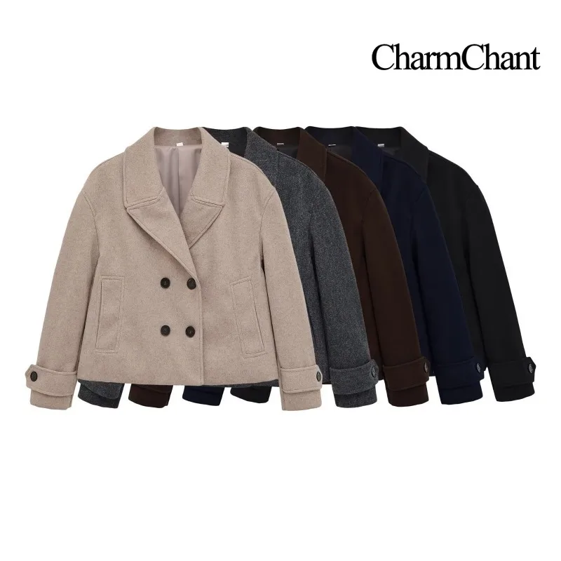 CHARMCHANT Womens Double Breasted Wool Coat Wide Lapel Short Jacket Drop Shoulder Patch Pockets Button Closure Winter 2026