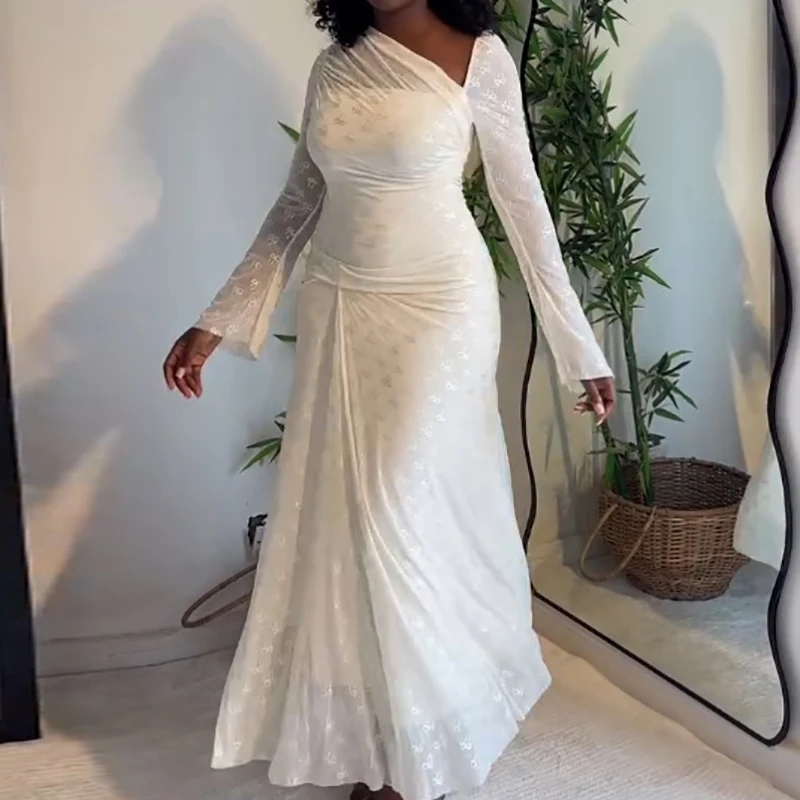 Vestido de manga larga con cuello Diagonal para mujer, vestido largo plisado ajustado con estampado de lazo y cintura alta para ir al trabajo, primavera