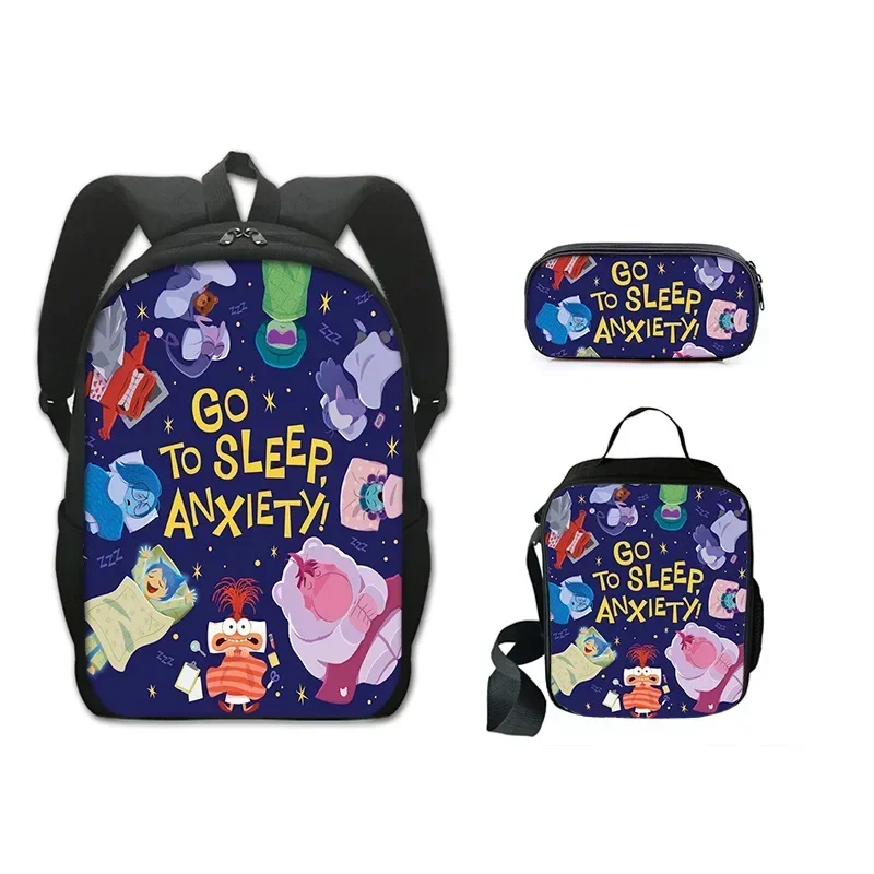 

New Disney Inside Out 2 School Bag Cartoon Three Piece Set Student Fashion Anime Print Backpack Polyester Pencil Case Lunch Bags