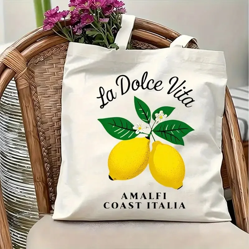 Bolso de mano de lona con limón La Dolce Vita, bolso de compras italiano de estilo veraniego con limón fresco y hoja verde, bolso de playa, bolso de moda de verano