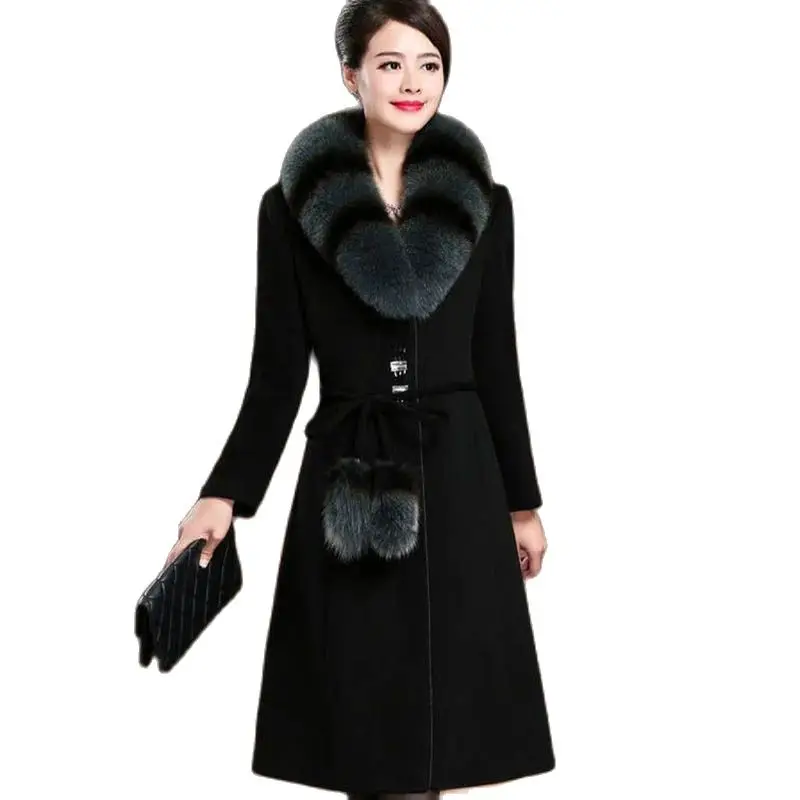 

True Fox Furcollar Autumn And Winter New Temperamentloose Coat Female Middle-aged And Elderly Mothersfashion Long Woolen Coat