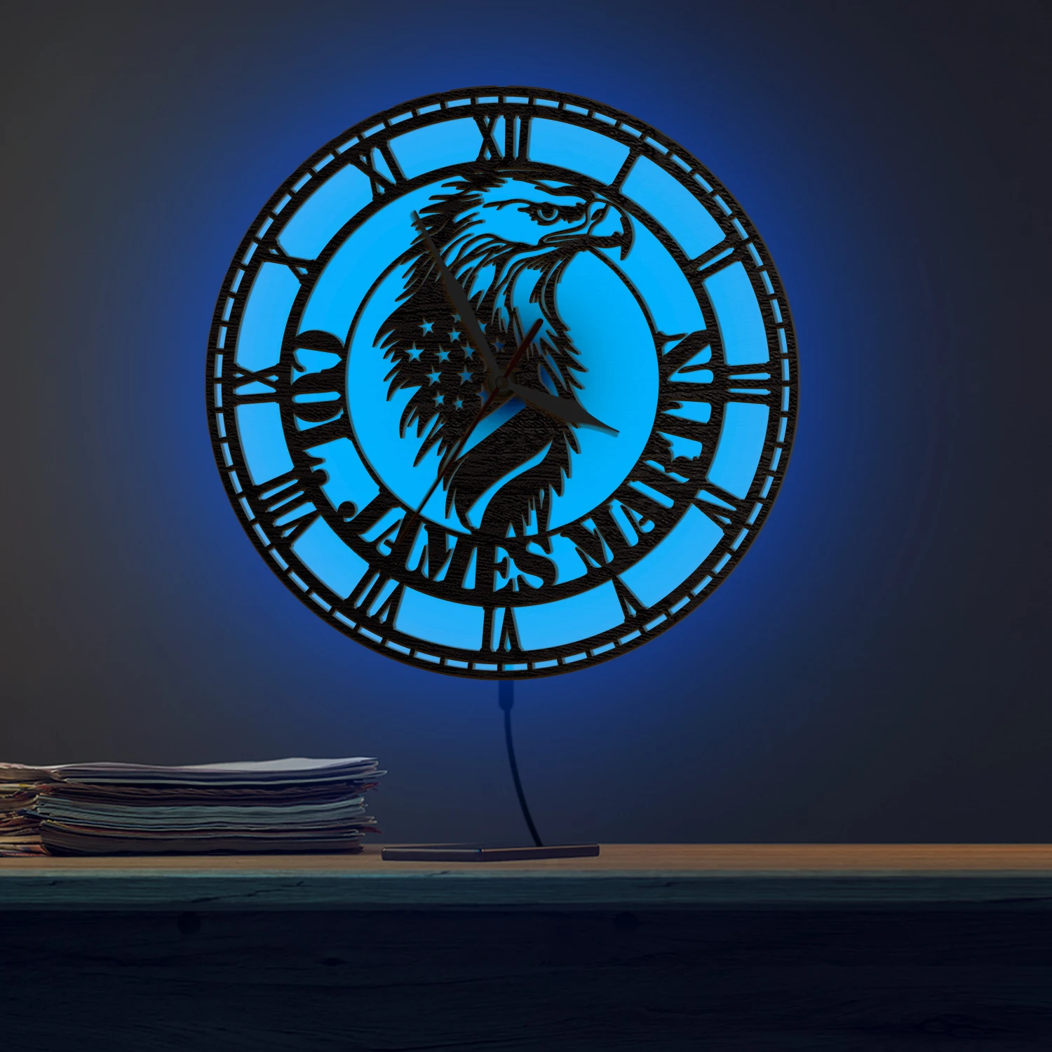 USA Flag American Eagle Wooden Wall Clock with LED Backlight Customizable Veteran Names Patriotic Wall Clock Luminous Home Decor