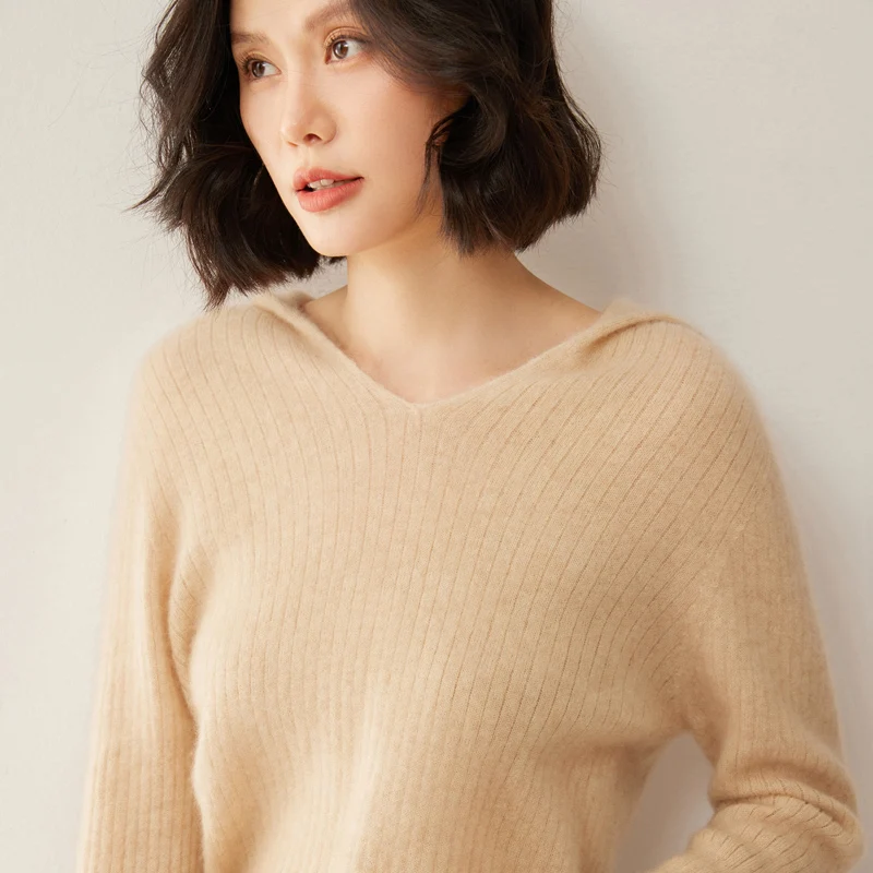 

2024 Autumn/Winter New Women's Pure Wool Knitted Casual Versatile Hoodie Wool Sweater Wool Sweater