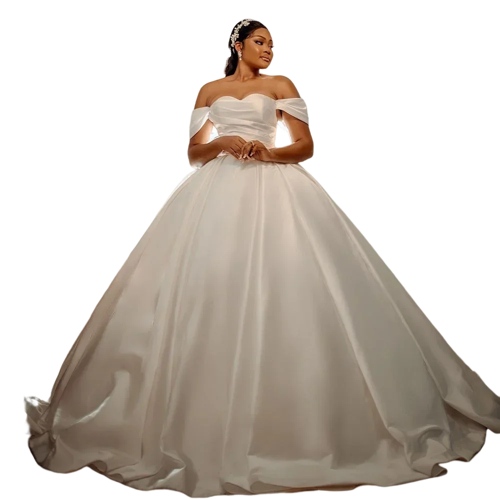 Personalizado fora do ombro ruched cetim vestidos de casamento tribunal trem vestido de baile plus size princesa igreja vestidos de noiva