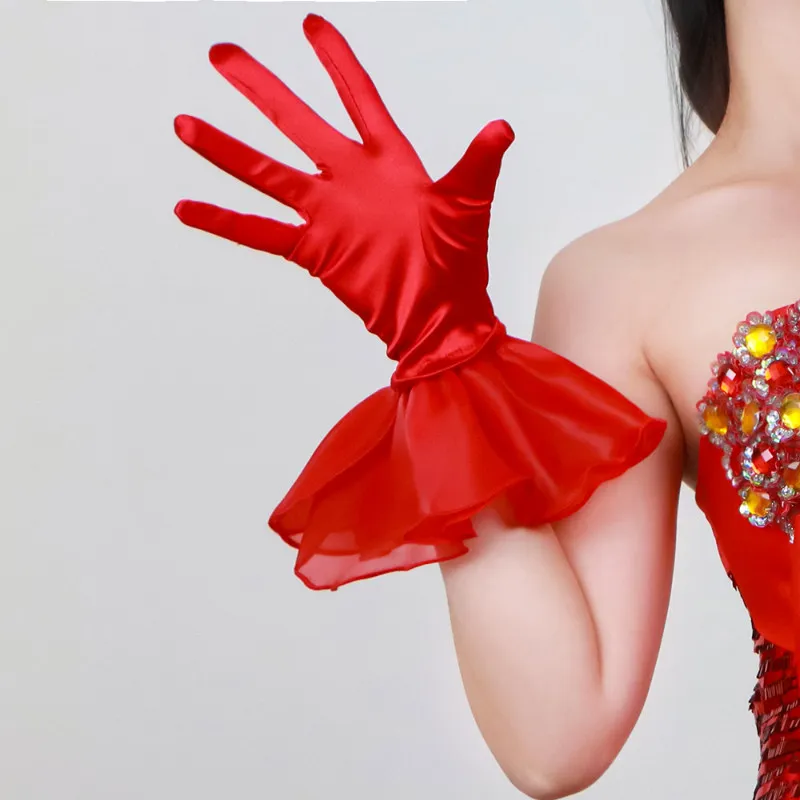 28cm SATINHANDSCHUHE Kurze Rüschen-Manschetten Sexy Wellenärmel für Damen Elegante Weiße Einfarbige Große Puffärmel Hochzeit Braut Stretch-Seide – Detail 10