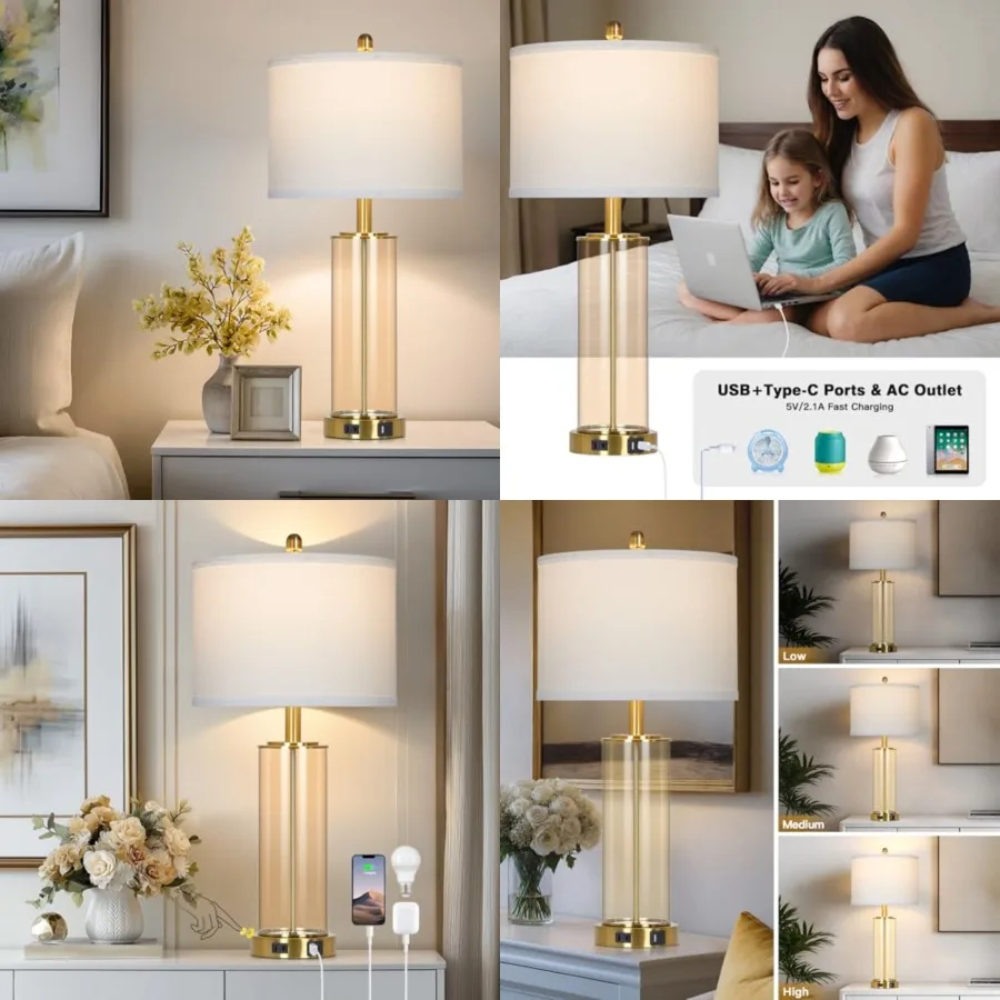 

Ruzectt 26" Glass Table Lamp Single, 3-Way Dimmable Touch Control Living Room Lamp with USB C+A Ports and AC Outlet, Modern Bed