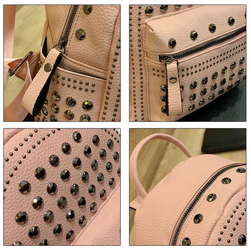 Rightake-Mochila pequeña de cuero genuino para mujer, bolso con remaches, morral diario negro para niñas, mochila escolar informal de viaje