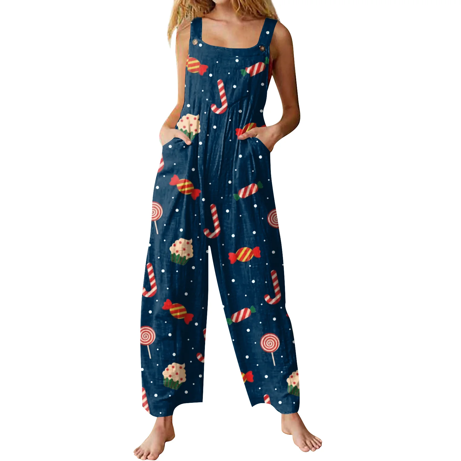 Christmas Theme Print Casual Retro Sleeveless Jumpsuit Loose Strap Jumpsuit Holiday Party Casual Clothes Jumpsuit Daily Dress up