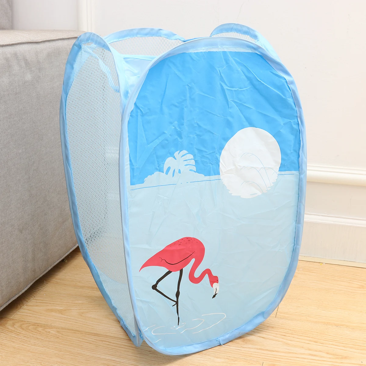 

Laundry Storage Basket for Bedroom Home Use Large Collapsible Dirty Clothes Basket Handles Mesh Design Cartoon Flamingo Pattern