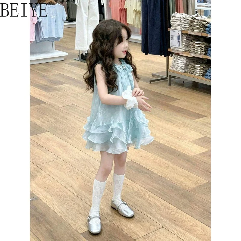Green Neck Lotus Leaf Edge Girls Dress Summer New Fairy Princess Layer Cake Dress Children's Solid Color Birthday Dress
