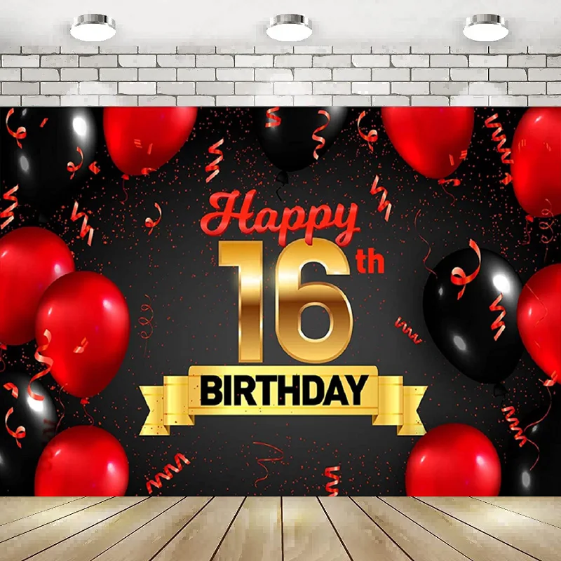 

Happy 16th Birthday Red Black Decorations Banner Photography Backdrop Background Balloon Cheers Theme Decor for Girls Boys Party