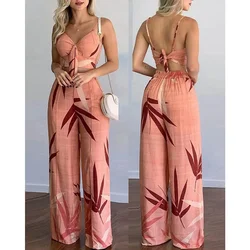 Summer Women Tropical Print Spaghetti Strap Casual Lace up Back Top &High Waist Pants Set 2 Pieces Suit Sets Woman Clothing