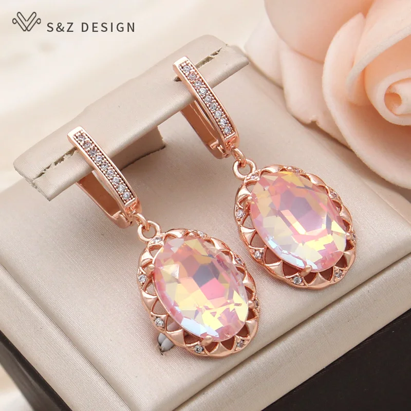 S&Z DESIGN New Fashion 585 Rose Gold Color Oval Crystal Dangle Earrings For Women Wedding Party Cubic Zirconia Jewelry Gift