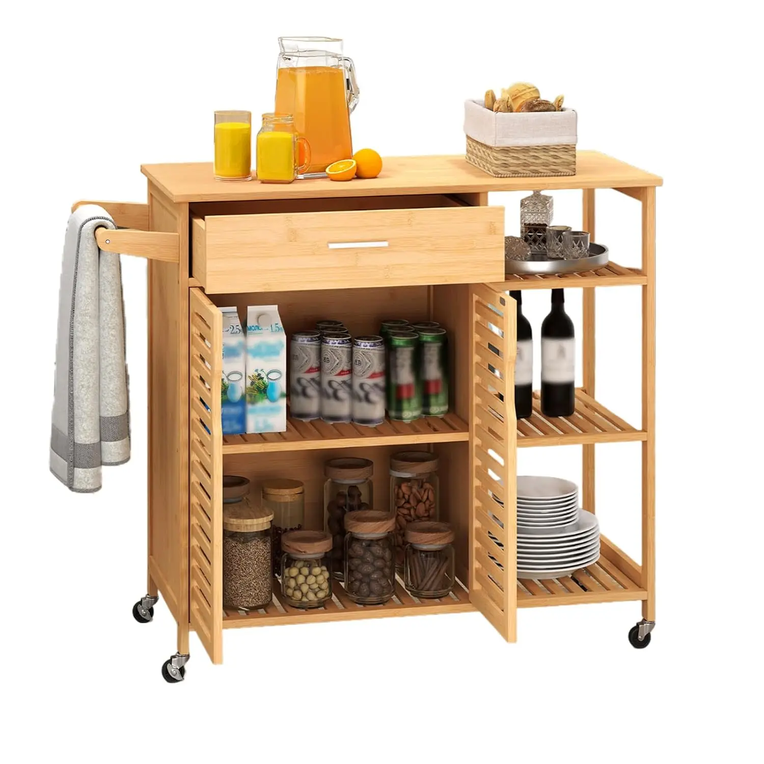 Bamboo Kitchen Island Cart with Storage & Wheels, Butcher Block Top, Customized