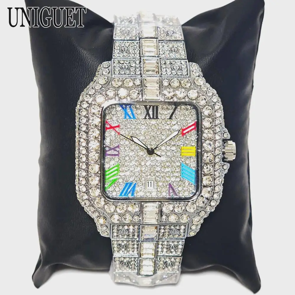 Fashion Diamond Watch For Men UNIGUET Brand Color Hip Hop Iced Bling Jewelry Square AAA Quartz Wristwatch Man Gift Dropshipping