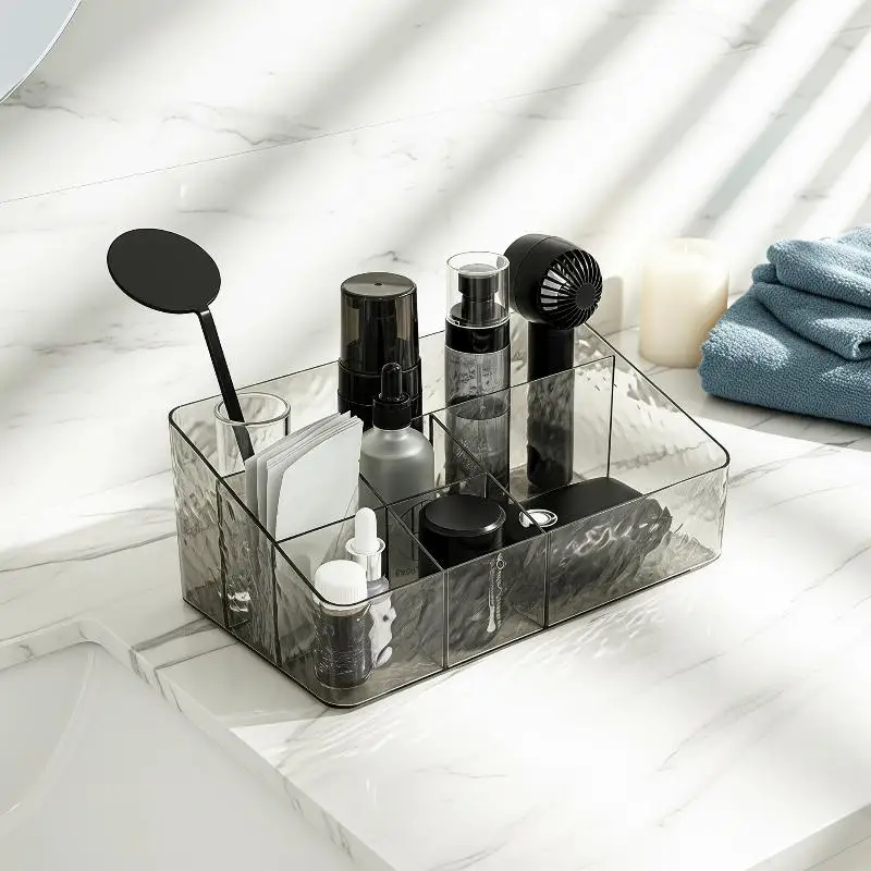 Clear 6 Grids Cosmetic Storage Box Luxury Desktop Makeup Holder for Bathroom Vanity Dresser Countertop Use