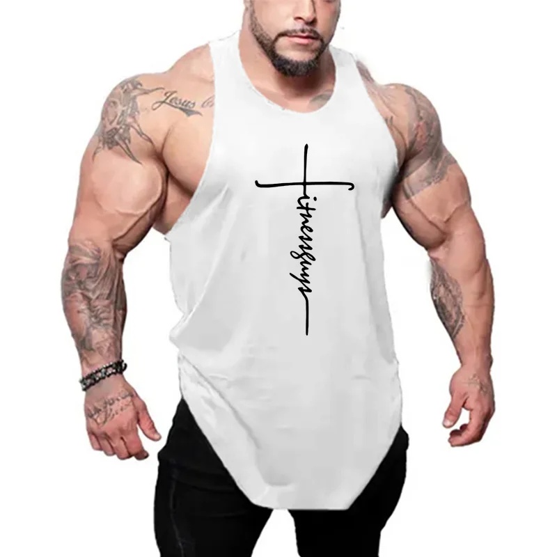 Mens Vest Cotton Y-Back Plain Off-Shoulder Gym Workouts Tank Top Breathable Training Fitness Sleeveless Sportswear weightlifting