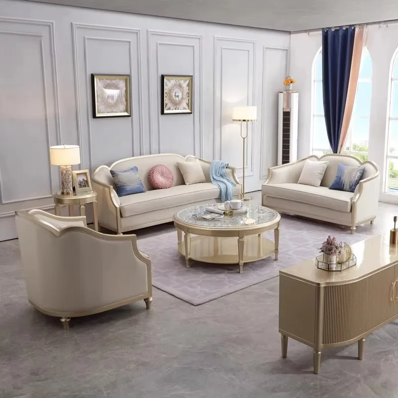 European Style 3-Seater Leather Sofa with Simple Wooden Single and Double Sofa Coffee Table Combination for Living Room