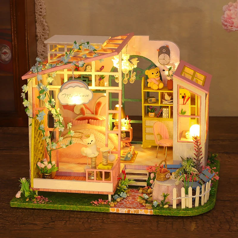 Wooden Mini Doll House Kit 3D Puzzle Assembly Building Model Toy Home Bedroom Decorations With Furniture Dollhouse Birthday Gift