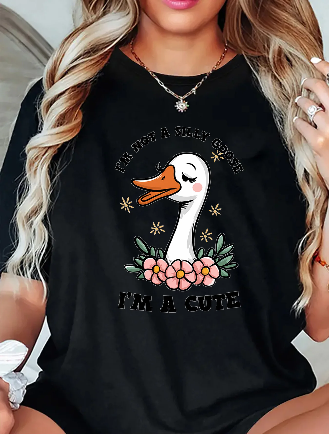Cute Silly Goose With Pink Flowers Quote Slogan Art Print Graphic Ladies T Shirt Short Sleeve Crew Neck Casual Daily Tee Tops