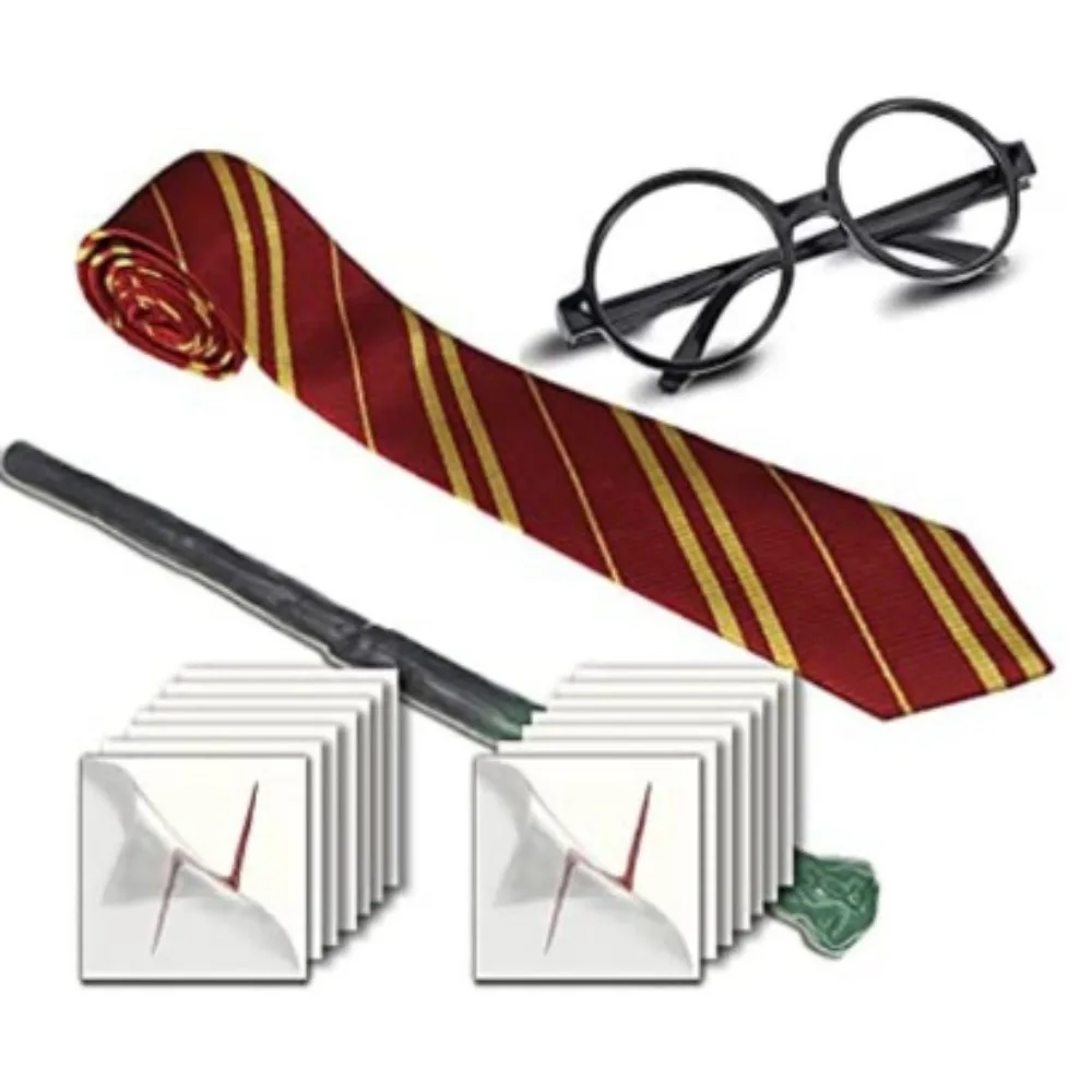 

Halloween Magic Dress Up Plastic Round Glasses Magic Wand Burgundy Tie Lightning Forehead Patch