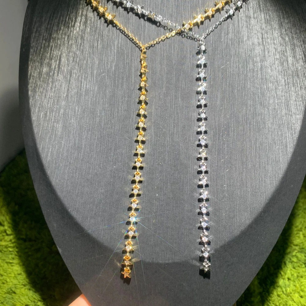 2025 New Hot Selling Gold Color Paved Sparking 5A CZ Star Charm Sexy Women Y Lariat Long Necklace Fashion Accessory