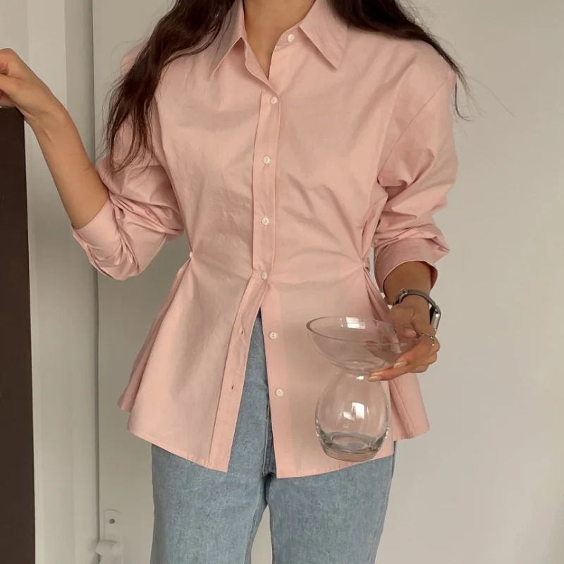 المرأة عارضة أنيقة irt الكورية Sle الجانب زر الخصر Cinching متعرج تصميم لون نقي أعلى تنفس ألياف البوليستر