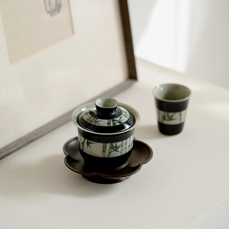 100ml Pure Hand-painted Ink Bamboo Ceramic Tea Tureen Black Ground Jade Tea Bowl With Cover Tea Maker Gaiwan Kung Fu Tea Set