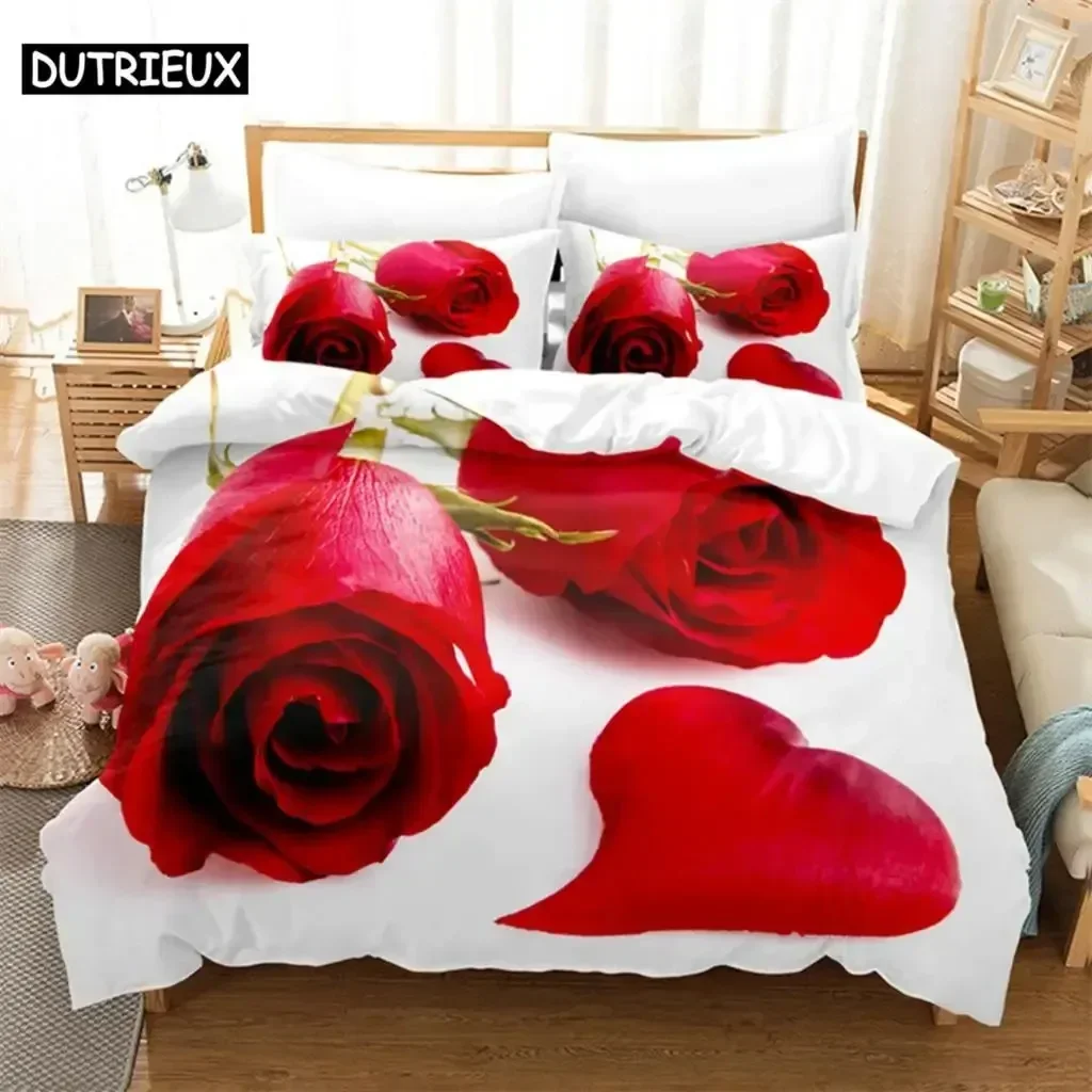 New 3D Print Red Rose Queen 3D Duvet Cover Bedding Set Comforter Linen Pillowcases Home Decor Single Double Twin King Queen