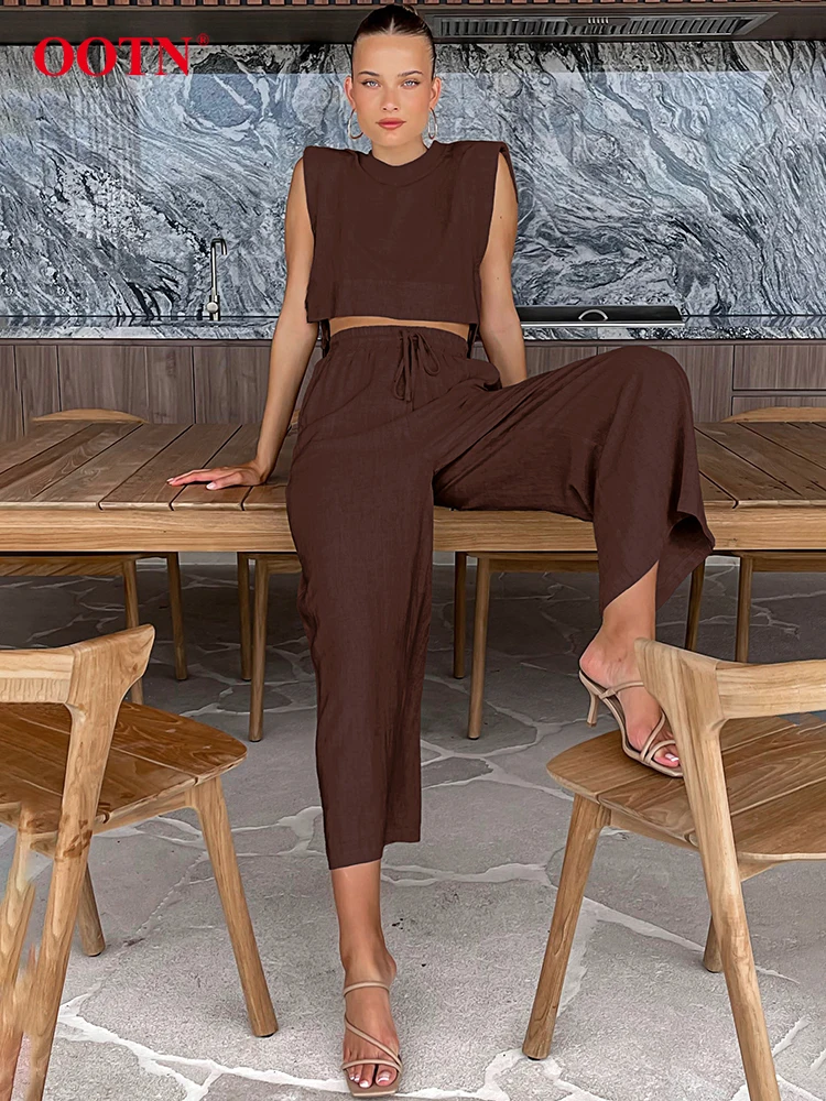 OOTN Casual Pants Suits Women Summer Cotton Linen Khaki Short Tops High Waist Wide Leg Pants Two Piece Sets 2023 Chic Outfits