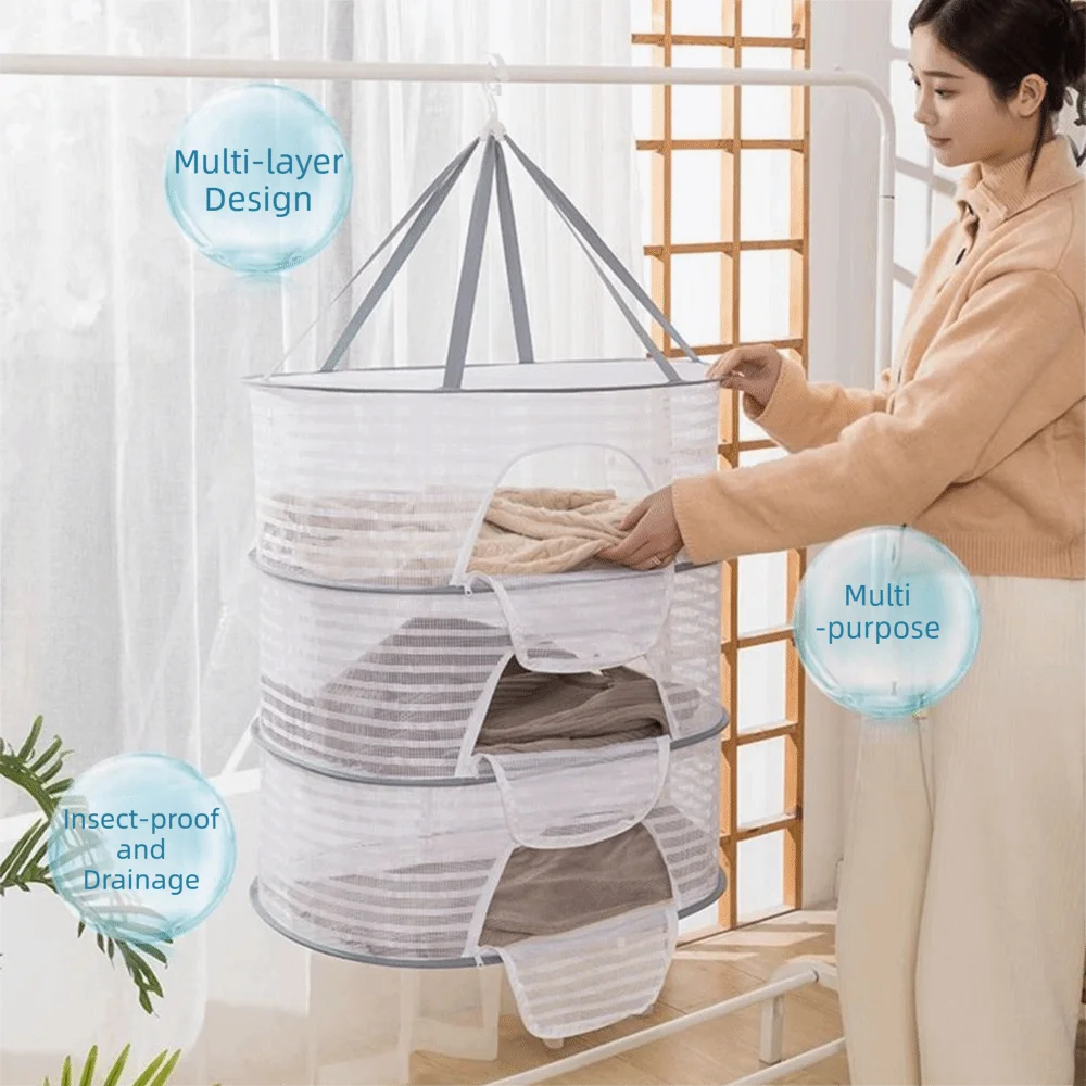 1/2/3 Layer Drying Fishing Net Foldable Portable Dried Vegetable Net Durable Household Mesh Clothes Hanging Dryer Balcony