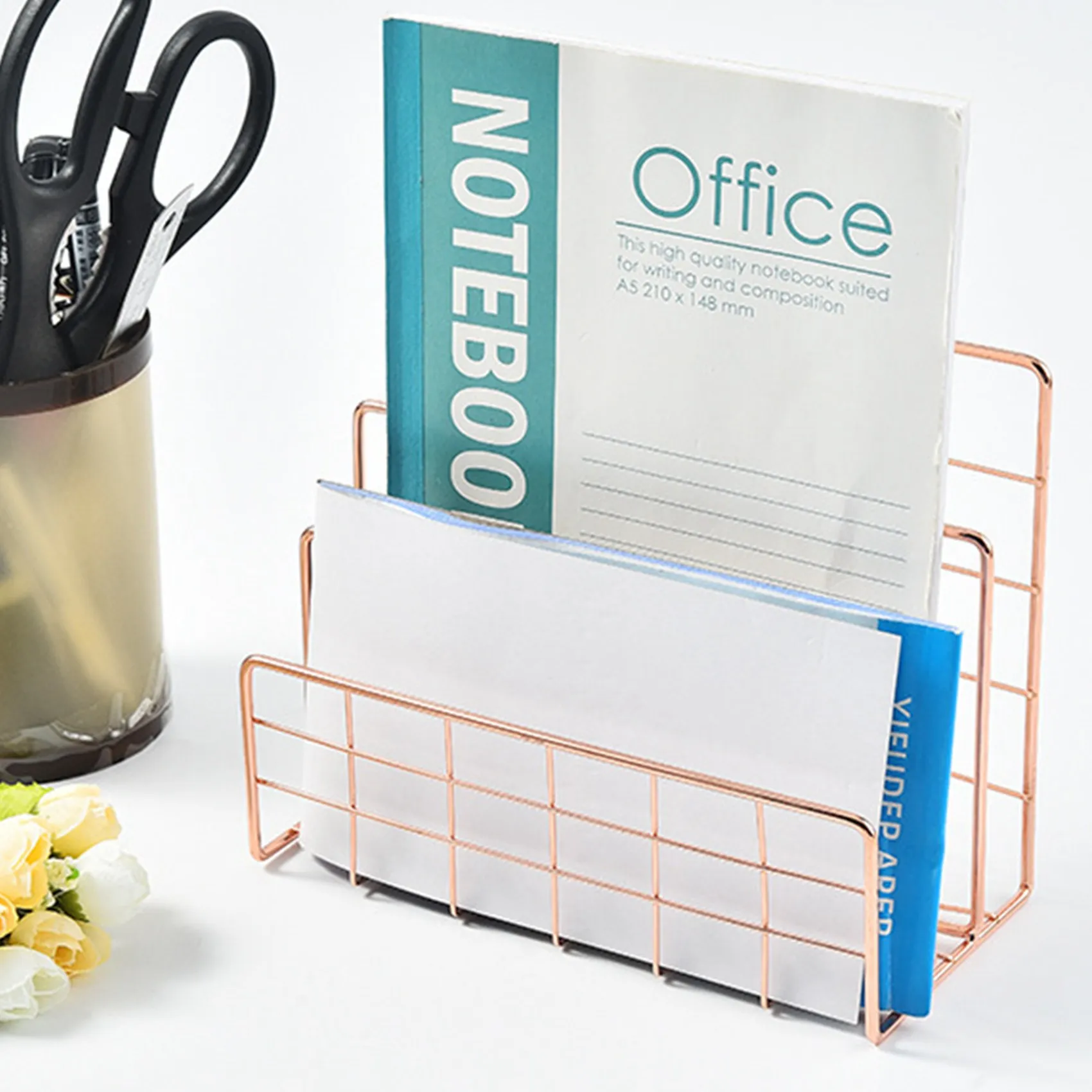 N35R-2X Bookshelf Office Desktop Rose Gold Metal Book Block Three Layer Desktop Magazine Shelf Book Holder