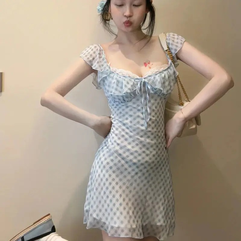 Japan Girl Blue Dress 2024 Summer New Design Feeling Flying Sleeves Checkered Short Skirt for Women