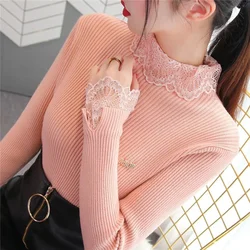 Women Turtleneck Sweaters 2023 New Autumn Winter Slim Pullover Women Basic Lace Tops Casual Soft Knit Sweater Soft Warm Jumper