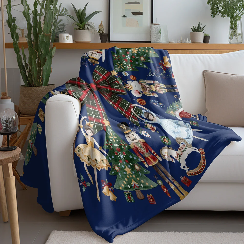 Navy Blue Christmas Fleece Blanket with Giant Plaid Bow, Nutcracker Ballet Dancer Pattern, Festive Throw for Holiday Decor