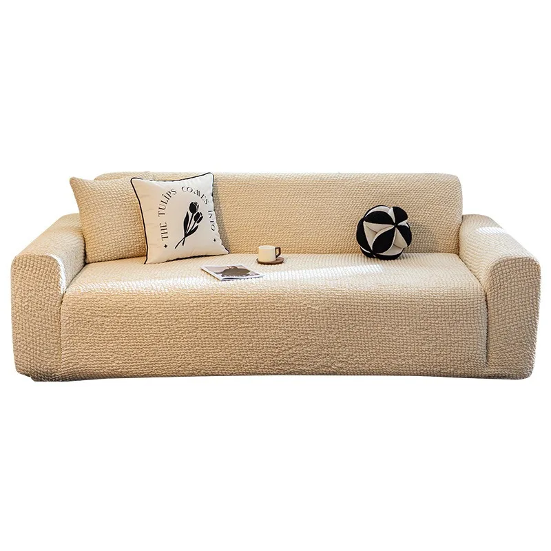 Cream Tone All-inclusive Sofa Protector, Ins Seersucker Integrated Slipcover, Anti-Cat Scratch Elastic Couch Cover