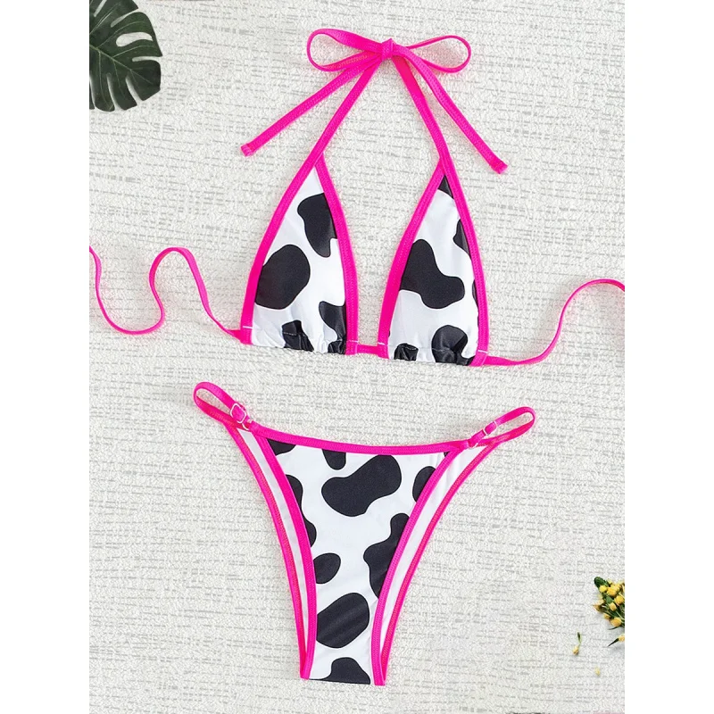 Damski strój kąpielowy dwuczęściowy bikini z wiązaniem na szyi, czarno-biały wzór krowy, seksowny mikro trójkąt z narzutką.