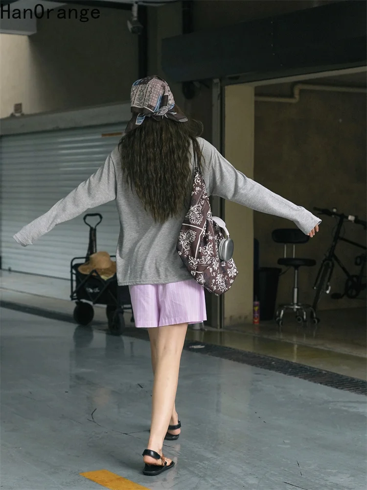 HanOrange 2025 ฤดูร้อนแฟชั่นผ่อนคลายพิมพ์แขนยาวครีมกันแดดเสื้อยืดผู้หญิงน้ําหนักเบาBreathable Top Teesสีขาว/สีเทา