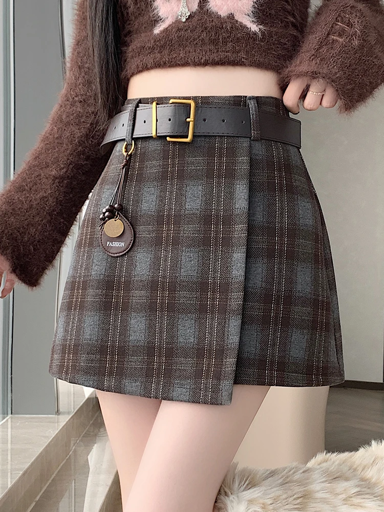 

Retro irregular plaid woolen short skirt women in autumn and winter new Korean style sweet A-line wrapped hip skirt